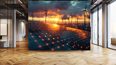 Sunset over solar panels and wind turbines in harmony Wall mural