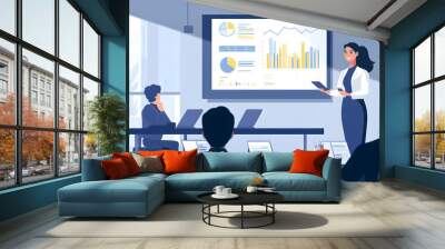 A businesswoman giving presentation in modern office setting, showcasing data on large screen. audience is engaged, highlighting professional atmosphere Wall mural