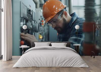 A focused worker in an orange hard hat and safety glasses operates machinery in an industrial setting, showcasing dedication and attention to detail Wall mural