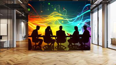 A group of diverse individuals engaged in meeting, silhouetted against vibrant, colorful background of flowing light patterns. scene conveys sense of collaboration and creativity Wall mural