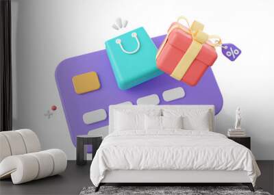 3d cartoon design illustration of Credit cards with shopping bag and gift box, Shopping online and payments by credit card. Wall mural