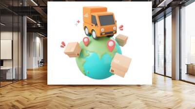 3d cartoon design illustration of Delivery truck shipping parcel boxes with pin on globe, Global shopping and delivery service concept. Wall mural