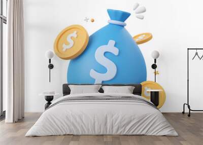 3d cartoon design illustration of Money bag and dollar coin, Money savings concept. Wall mural