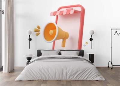 3d cartoon design illustration of Smartphone with megaphone for online shopping, discount coupon and special offer promotion. Wall mural