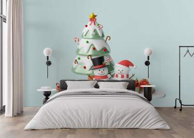 Christmas theme banner of Snowman with Christmas tree and gift box, 3d illustration Wall mural