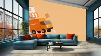 E-commerce concept, Delivery service on mobile application, Transportation delivery by truck, 3d rendering Wall mural