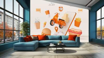 Food delivery application online on mobile, 3d illustration Wall mural