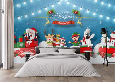 Merry Christmas and Happy New Year, Christmas banner postcard of Christmas party with Santa Claus and friends with Christmas train Wall mural