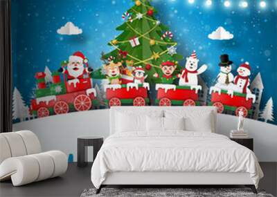 Merry Christmas and Happy New Year, Christmas postcard of Santa Claus and friends on a train in the village, Paper art style Wall mural