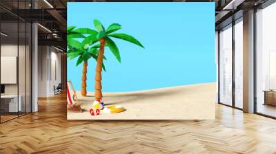 Summer vacation concept, A summer beach with beach umbrella, chairs and accessories, 3d illustration Wall mural