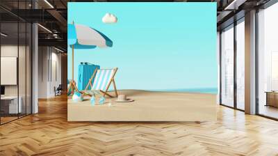 Summer vacation concept, Banner of beach chairs and accessories on the beach,3d illustration Wall mural