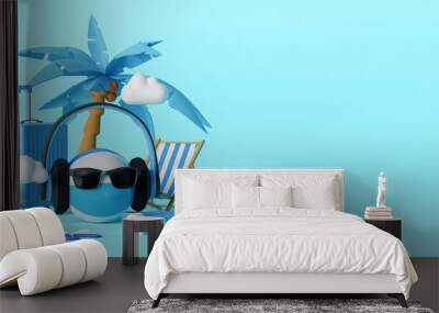 Summer vacation concept, Beach palm tree and travel accessories on blue background, 3d illustration Wall mural