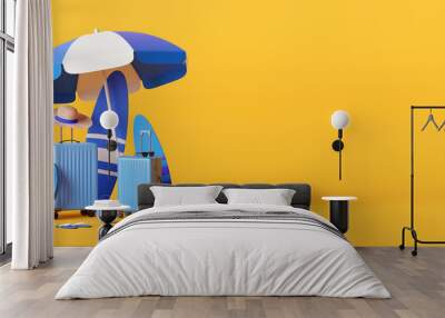 Summer vacation concept, Beach umbrella and travel accessories on yellow background, 3d illustration Wall mural