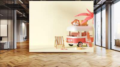 Summer vacation concept, Travel to the beach by van carrying travel accessories parking at the beach, 3d illustration Wall mural