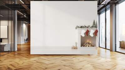 A cozy, minimalist Christmas scene featuring a decorated tree, stockings hung on a white mantel, and a warm fireplace glow. Wall mural