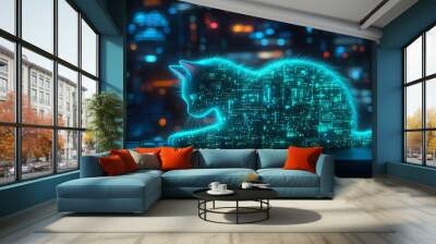 A glowing, digital cat silhouette sits in a futuristic cityscape, showcasing vibrant neon colors and intricate circuit patterns. Wall mural