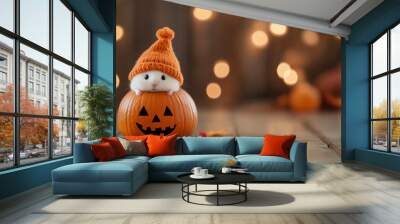 Adorable hamster in a pumpkin with a cozy hat for Halloween Wall mural