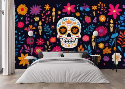 Colorful skull and flowers with candles illustration on black background Wall mural