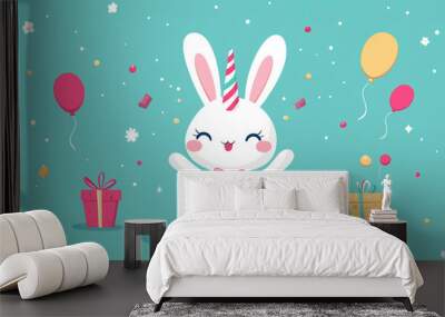 Cute bunny with unicorn horn celebrating birthday with balloons and gifts Wall mural