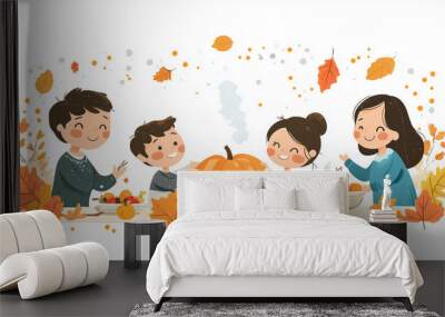 Family celebrating Thanksgiving together around the dinner table fall season meal with pumpkin decor and autumn leaves joy and unity Wall mural