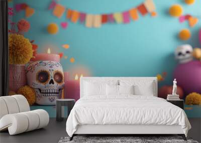 Festive Day of the Dead altar with colorful sugar skulls, candles, and marigold flowers Wall mural