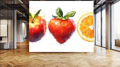 Realistic watercolor illustrations of apple strawberry and orange on black background with a vibrant and fresh look Wall mural