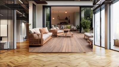 Contemporary outdoor lounge in backyard Terrace house with wooden floor comfy seating and wicker ottoman Cozy patio or balcony space for relaxation Wooden veranda with outdoor furniture copy space Wall mural