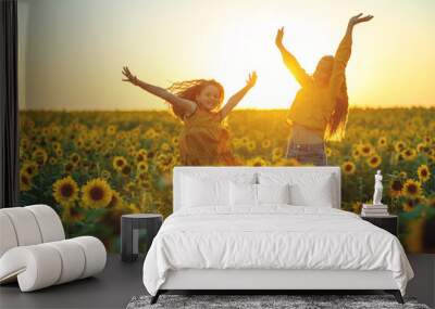 Children at sunset. Two children are playing in nature. High quality photo Wall mural