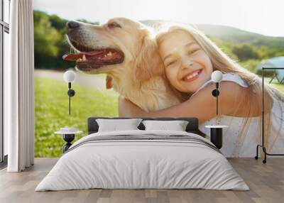 Teenager girl with a dog in nature. High quality photo. Wall mural