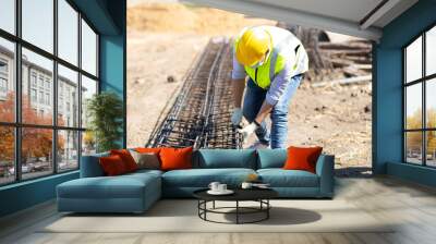 Asian construction worker on building site. fabricating steel reinforcement bar. wearing surgical face mask during coronavirus and flu outbreak Wall mural