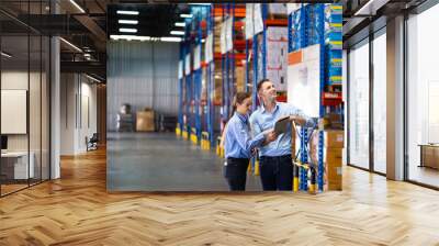 Caucasian team man and woman worker working at warehouse factory. Warehouse staff worker standing by goods shelf working in large warehouse Wall mural