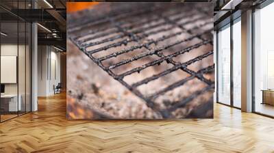 Closeup of dirty and burnt barbecue grill grates. Risk factor of cancers. Unhealthy food Wall mural