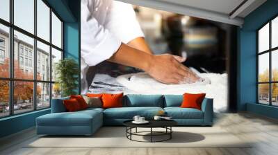 experienced chef - Professional chef prepares the dough with flour to make pizza or pasta Italian food Wall mural