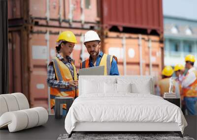 Hispanic Man worker and woman Supervisor checking and control loading Containers box by laptop computer at container yard port of import and export goods. Unity and teamwork concept Wall mural