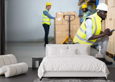 middle aged African American warehouse worker preparing a shipment in large warehouse distribution centre Wall mural