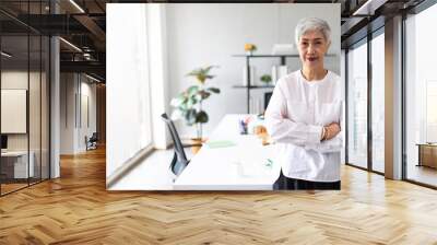 Portrait of happy senior businesswoman with eyeglasses looking at camera. 60s gray-haired female executive leader. Wall mural