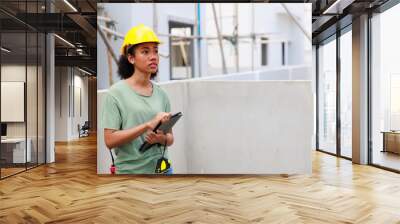 Professional black femal engineers and inspectors investigating the neatness of houses under construction in housing projects. Wall mural