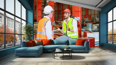 Professional engineer team male worker wearing safety hard hat helmet inspecting metal raw materials for roofing warehouse Wall mural