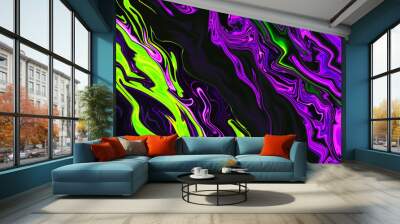 Bright fluid violet, black, neon green background. Abstract liquid purple pink wave. Glitch Art trippy digital screen. Celebration Backdrop. Royal banner. Template. Luxury texture. Creative flyer Wall mural