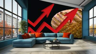 Two 3d red growing up large arrow on black background with bread. Bar charts and graphs. Rising wheat price. Inflation concept. Economy. Stock Market. Grocery Store. Recession. Global food crises. Wall mural