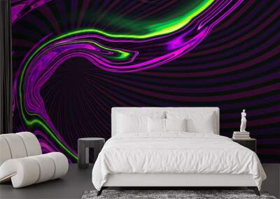 Violet, black, neon green textured background. Abstract liquid purple pink wave. Rays. Art trippy luxury digital screen. Banner. Virtual Augmented reality. NFT card. Metaverse. Innovation design. 6G Wall mural