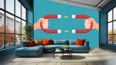 Hand holding magnet with electricity spark. Vector illustration Wall mural