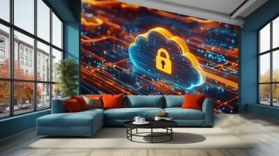 Cloud Security Concept with Padlock Illustration Wall mural