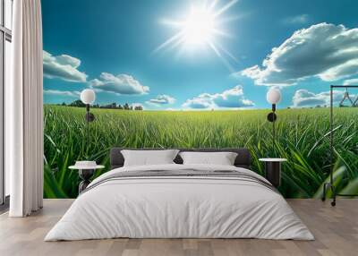 Lush Green Field Under Clear Blue Sky Wall mural