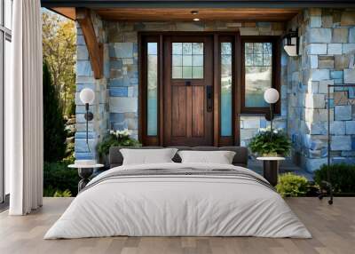 A wooden front door, surrounded by windows, with white, blue, and stone siding. Wall mural