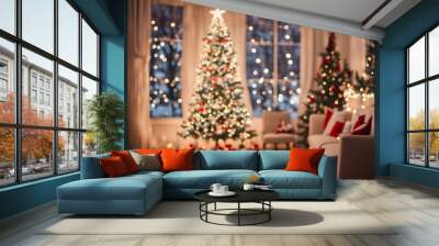 Beautiful holiday decorated room with Christmas tree and bright lights , out of focus shot for photo background. Blur christmas background. Wall mural