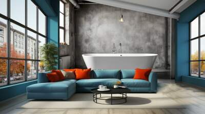 Big white bathtub in a middle of industrial loft bathroom style with grunge cement wall. Wall mural