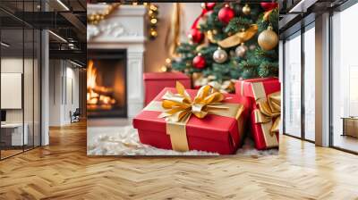 Closeup of red Christmas gift box with golden ribbon next to decorated Christmas tree and burning fireplace Wall mural