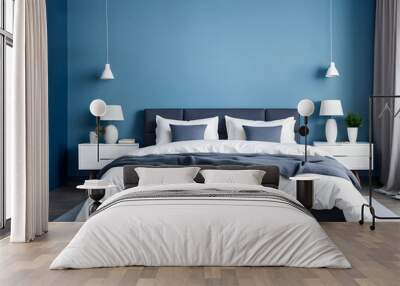 Double bed blue color wall in interior of stylish bedroom Wall mural