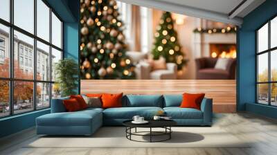 Empty wood table top with abstract warm living room decor with christmas tree blur background with bokeh light,Holiday backdrop,Mock up banner for display of advertise product ,luxury house Wall mural